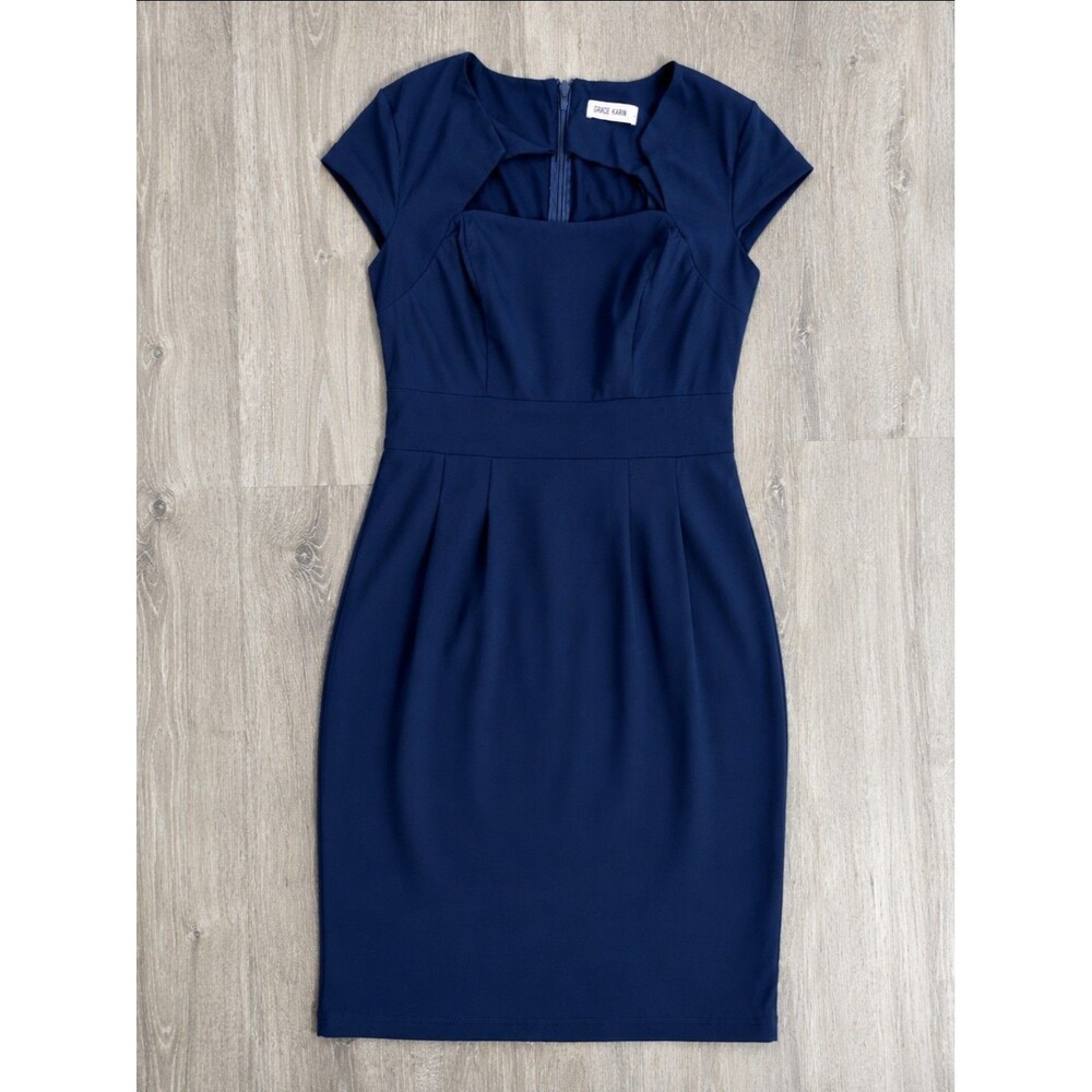 Grace Karin Women's Large Navy Blue Midi Dress Short Sleeve